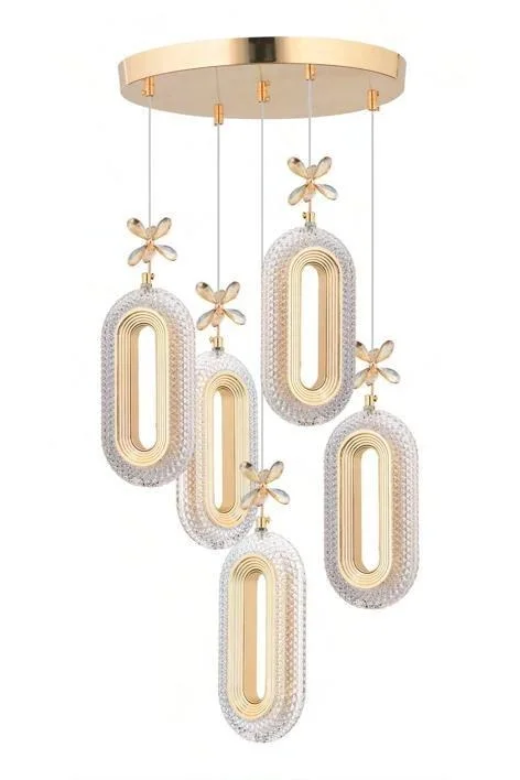 Alfa 5’li Gold Ledli Kristal Taşlı Avize