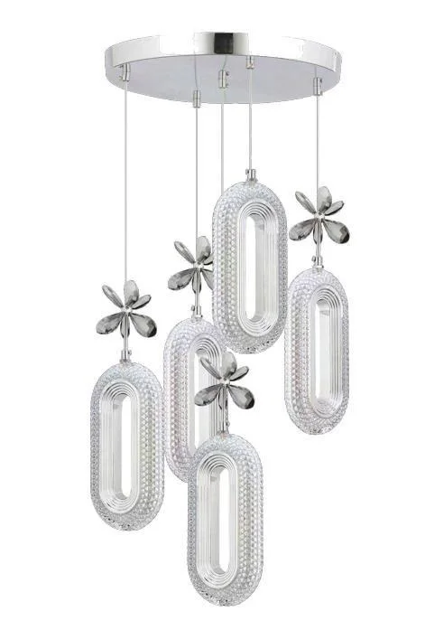 Alfa 5’li Gümüş Ledli Kristal Taşlı Avize