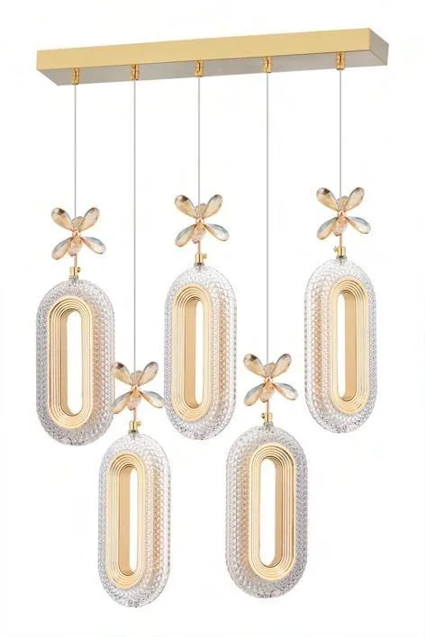 Alfa 5’li Sıralı Gold Ledli Kristal Taşlı Avize