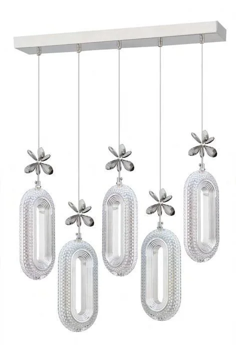 Alfa 5’li Sıralı Gümüş Ledli Kristal Taşlı Avize