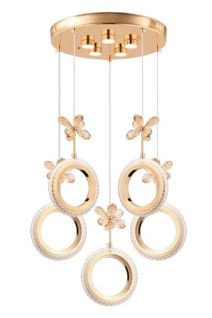 Halka 5’li Gold Ledli Kristal Taşlı Avize