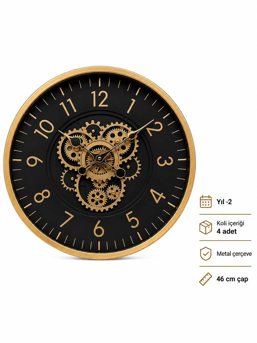 Siyah Kadran Gold Çerçeve Çarklı Duvar Saati 46 cm