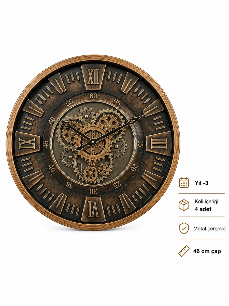 Eskitme Bronz Romen Rakamlı Çarklı Duvar Saati 46 cm