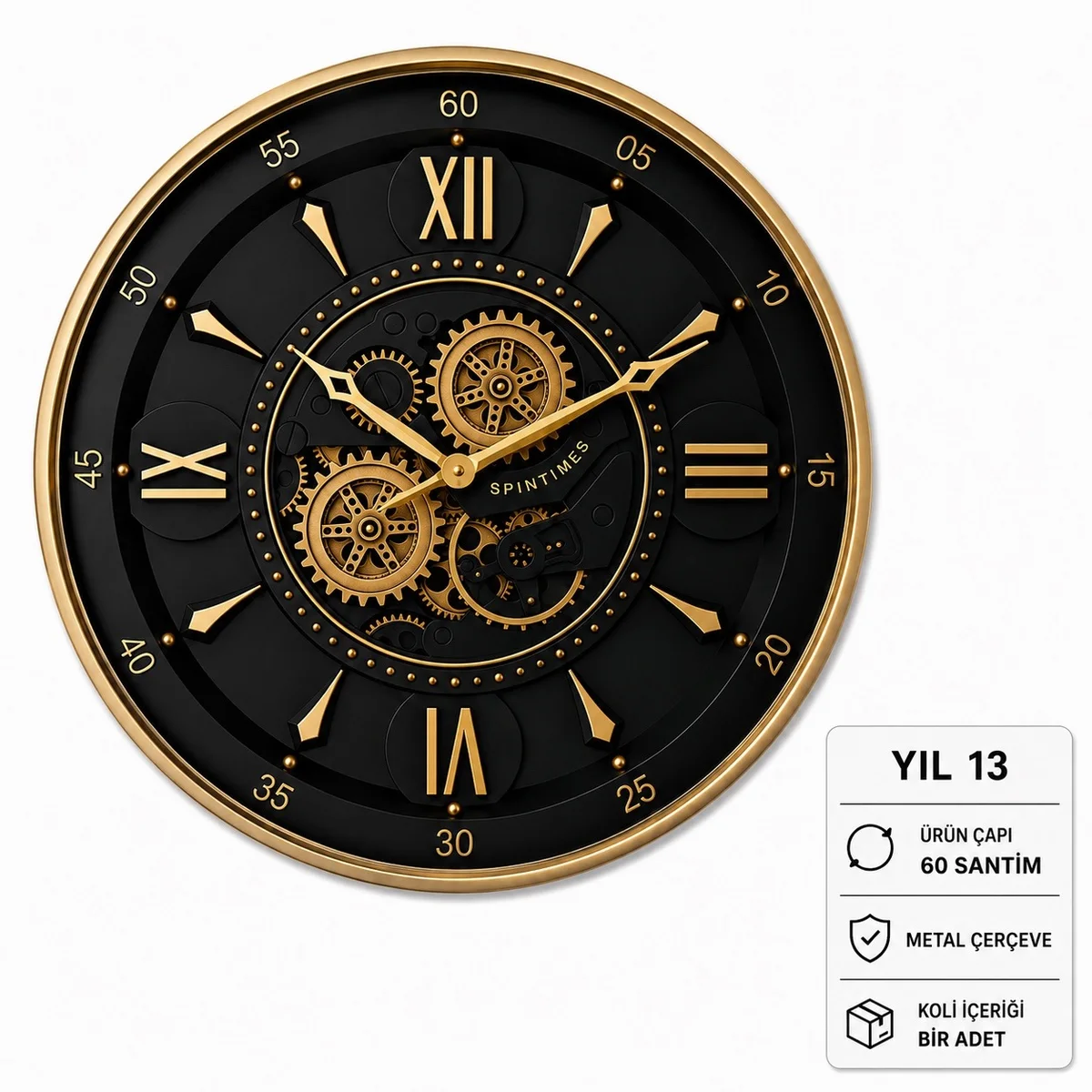 Siyah Gold Çarklı Duvar Saati 60 cm
